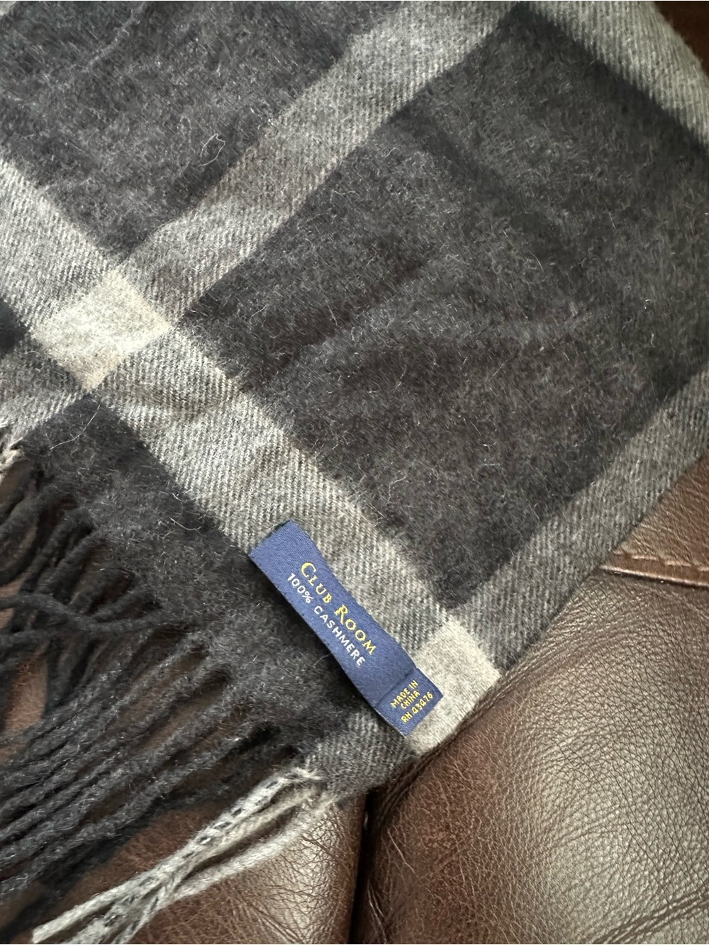 Club Room Charcoal and Light Gray Plaid Cashmere Scarf